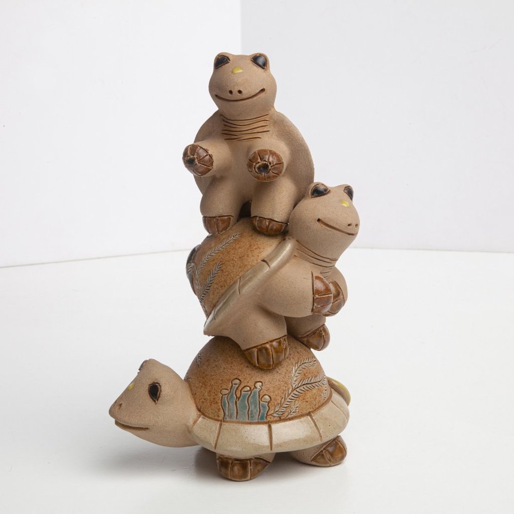 Happy Turtle Stack 3 Turtles 8" Figurine or Small Statue Clay Pottery Sculpture
